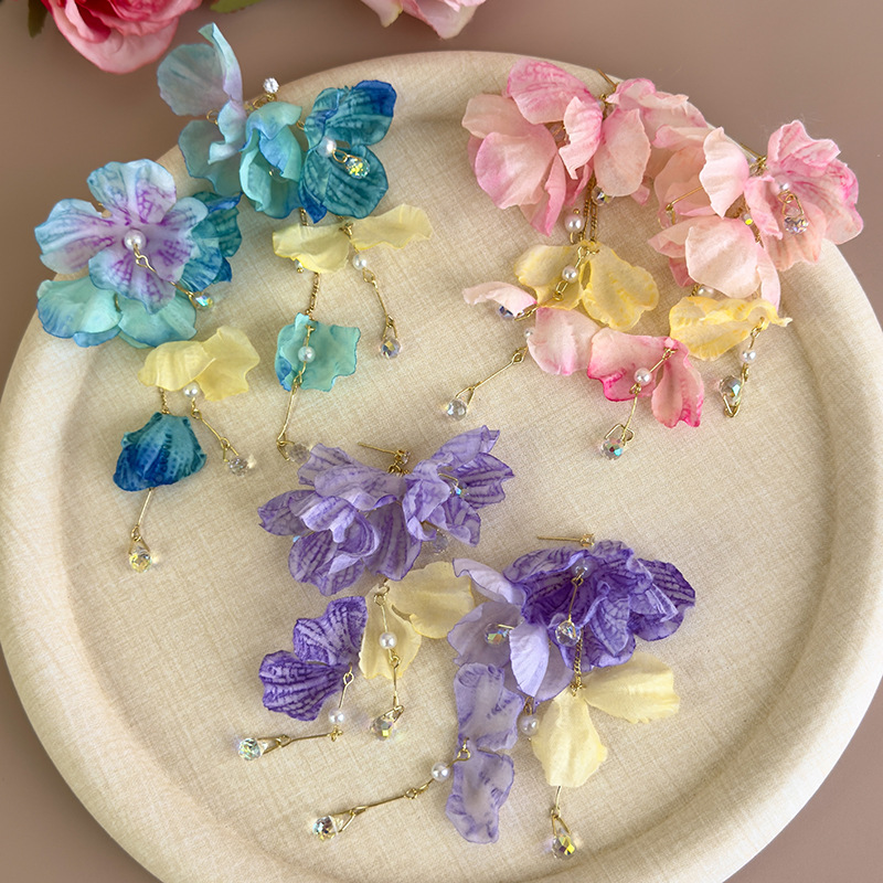 블루 플라워 크리스탈 태슬 귀걸이