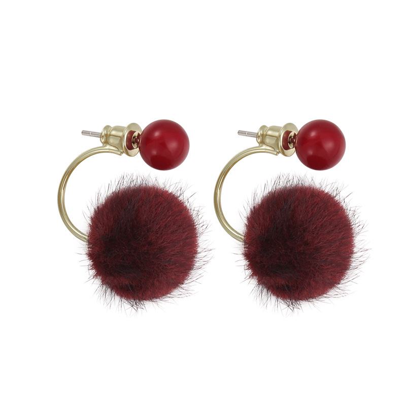 Βιντάζ Κόκκινα Χνουδωτά Στολίδια Αυτιών με Pom-Pom