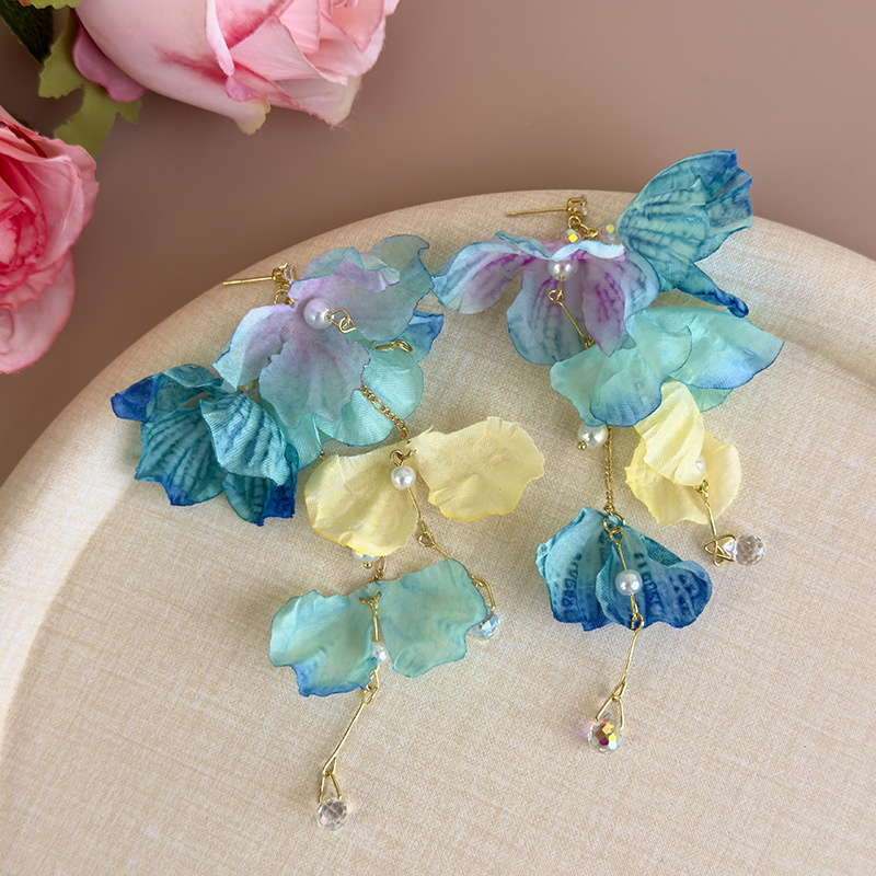 블루 플라워 크리스탈 태슬 귀걸이