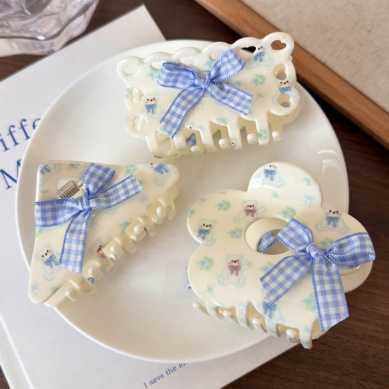 Зажим для волос из ацетата с цветочным мишкой