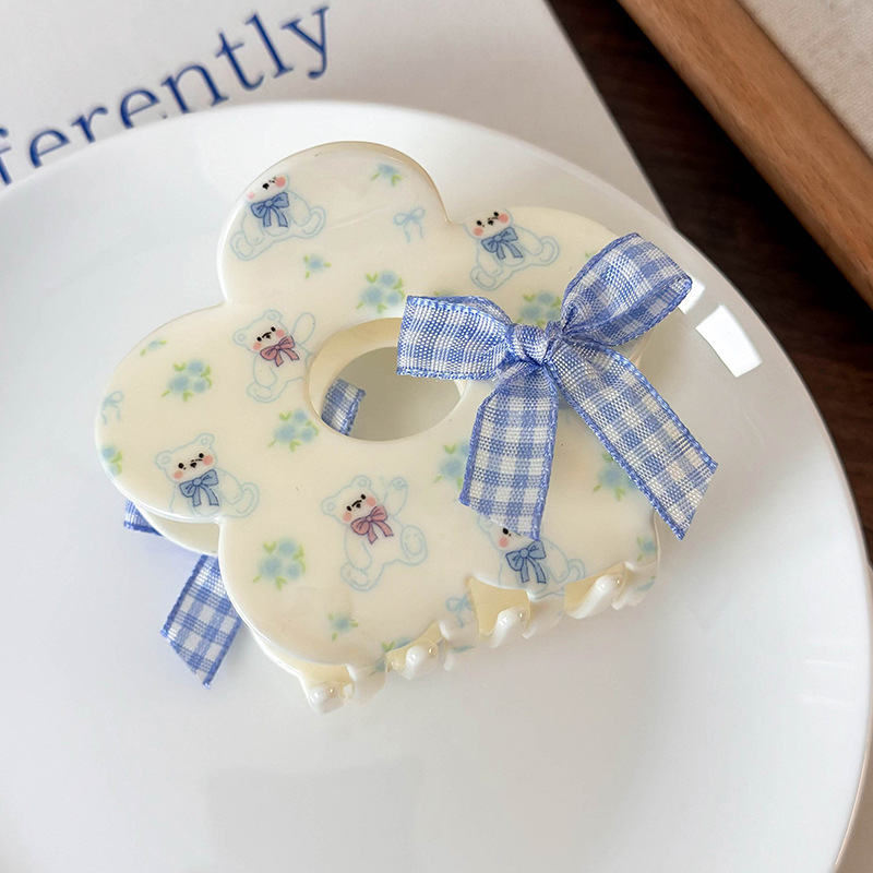 Зажим для волос из ацетата с цветочным мишкой