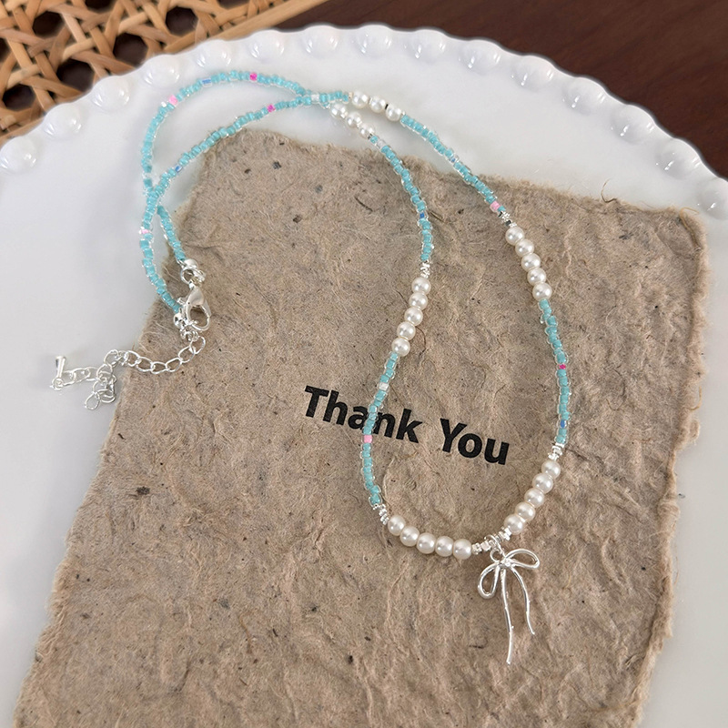 블루 비즈 보우 초커