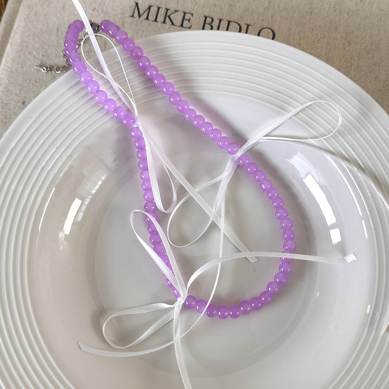 Pastelový Skleněný Korálkový Náhrdelník s Mašlí