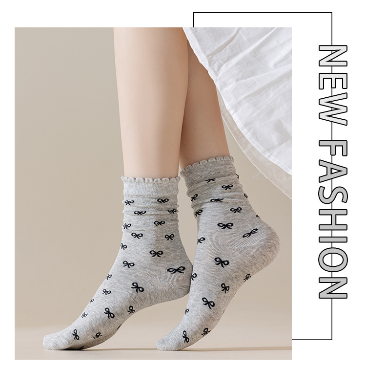 Meias Mid-Calf Sem Costura com Laço de Renda