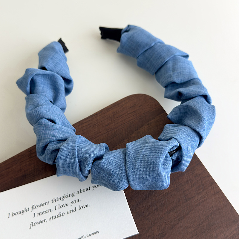 Banda de Păr Denim Albastră cu Model Undă și Dinți, Coroană Înaltă