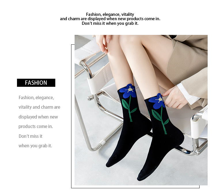 ถุงเท้ายาวครึ่งน่องผ้าฝ้ายลายดอกไม้สำหรับผู้หญิง