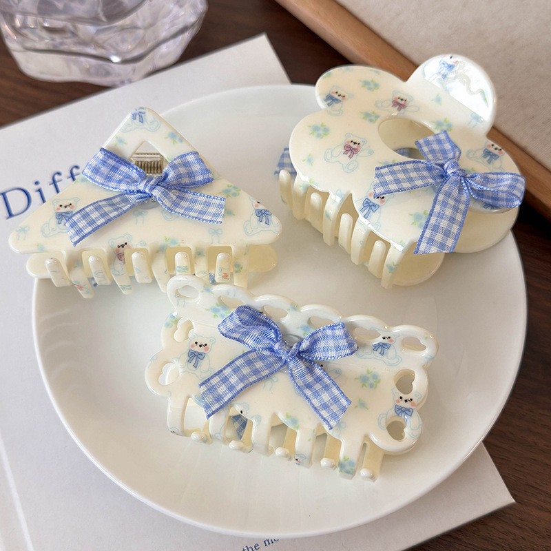 Зажим для волос из ацетата с цветочным мишкой