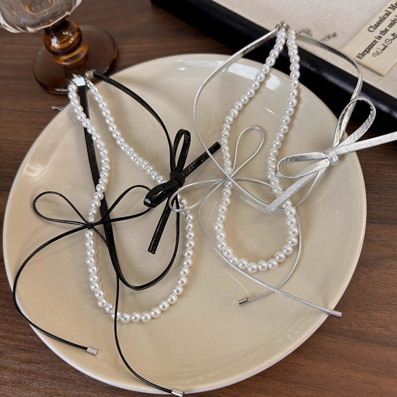 Двошаровий Шкіряний Чокер з Бантом та Перлами