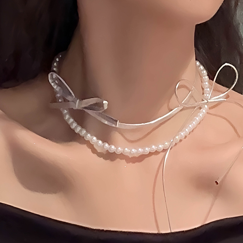 Двошаровий Шкіряний Чокер з Бантом та Перлами