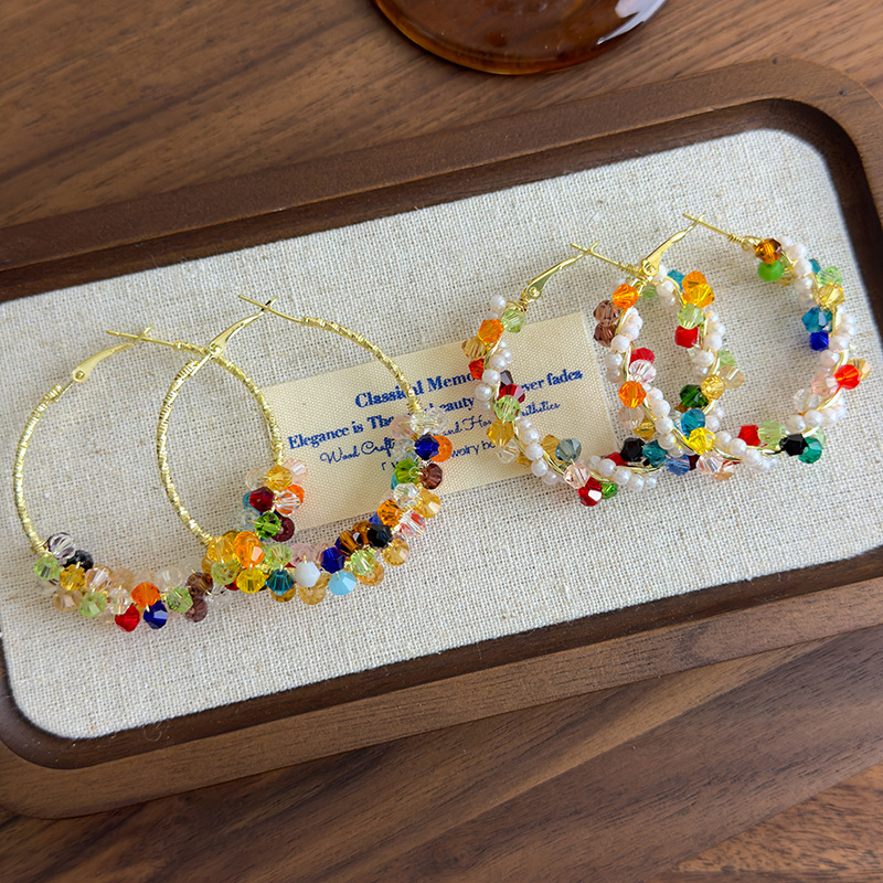 Boucles d'Oreilles Grands Cercles Cristaux Perles