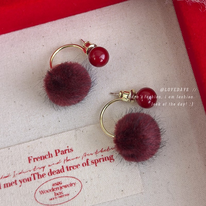 Βιντάζ Κόκκινα Χνουδωτά Στολίδια Αυτιών με Pom-Pom