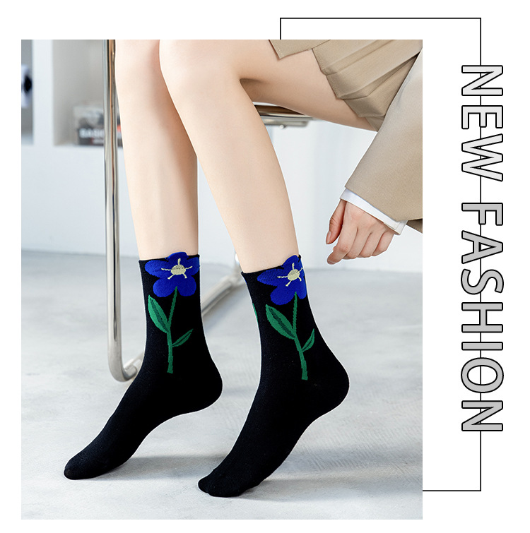 ถุงเท้ายาวครึ่งน่องผ้าฝ้ายลายดอกไม้สำหรับผู้หญิง