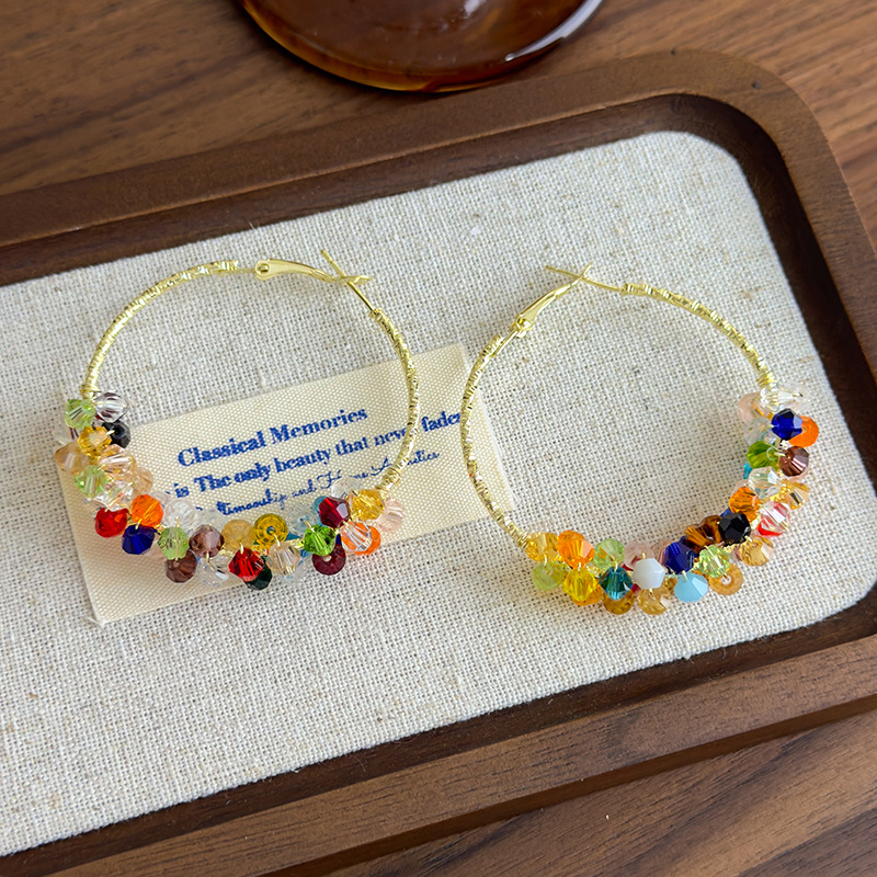 Boucles d'Oreilles Grands Cercles Cristaux Perles