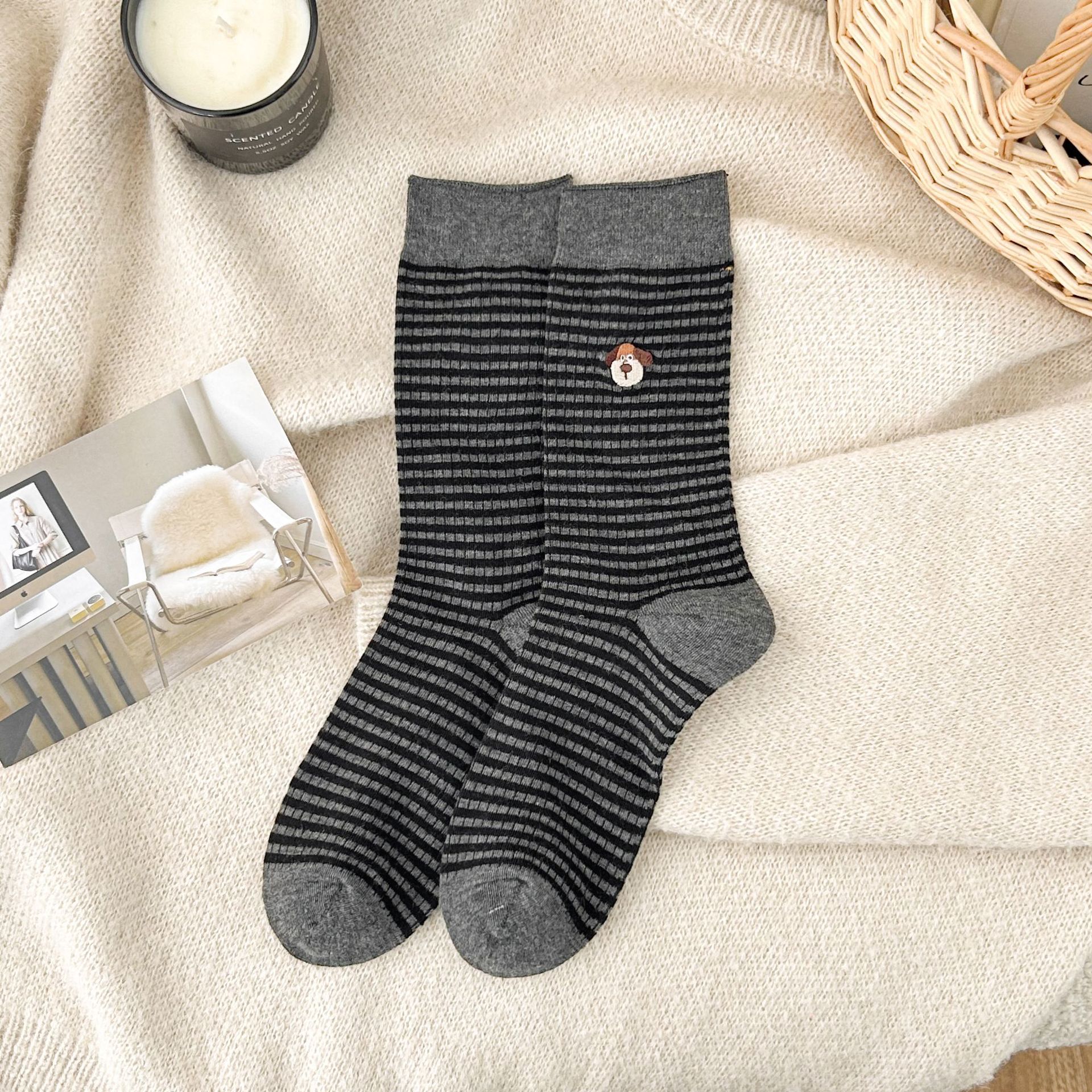 Meias de algodão bordadas com cachorro