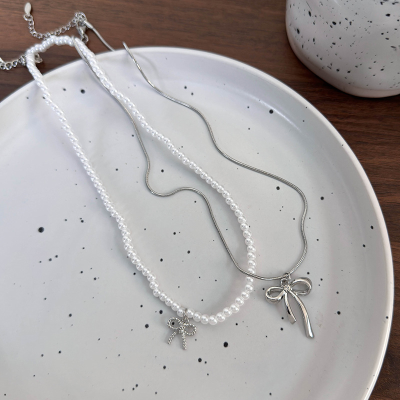 Imitation Pearl Bow Necklace Set