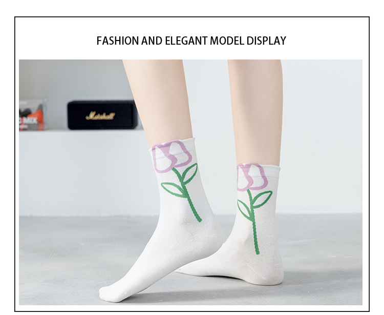 ถุงเท้ายาวครึ่งน่องผ้าฝ้ายลายดอกไม้สำหรับผู้หญิง