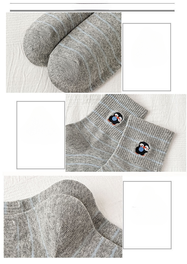 Meias Mid-Calf Femininas Bordadas com Listras e Desenhos Animados