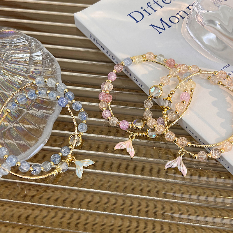 Pulsera de Cuentas Doble Capa con Colgante de Cola de Sirena