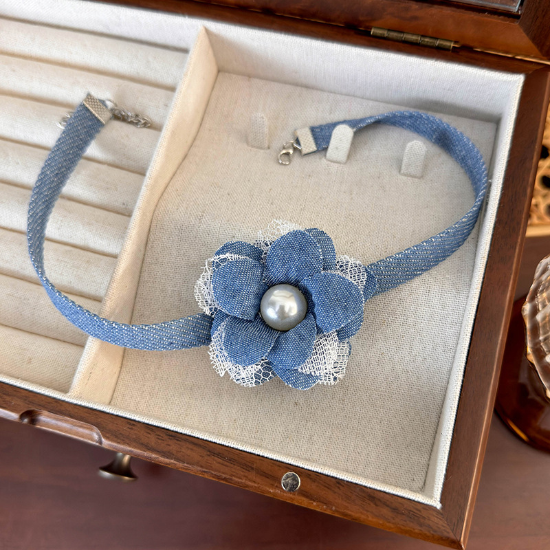 Denim Lace Flower Choker Necklace