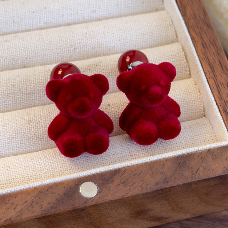 와인 레드 플록 하트 베어 양면 귀걸이