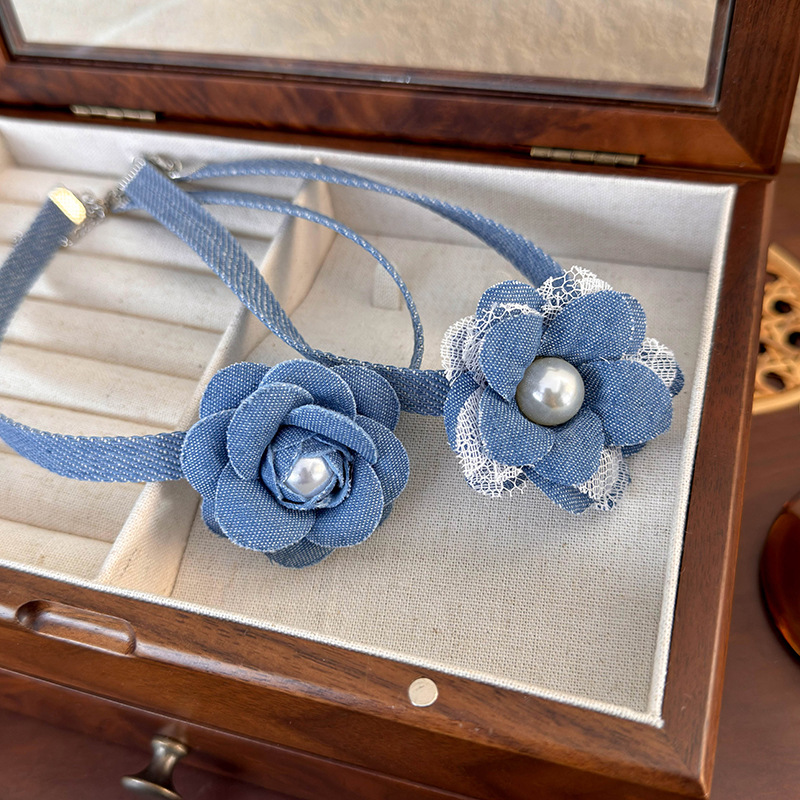 Denim Lace Flower Choker Necklace