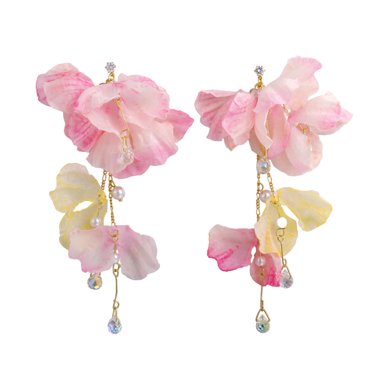 블루 플라워 크리스탈 태슬 귀걸이