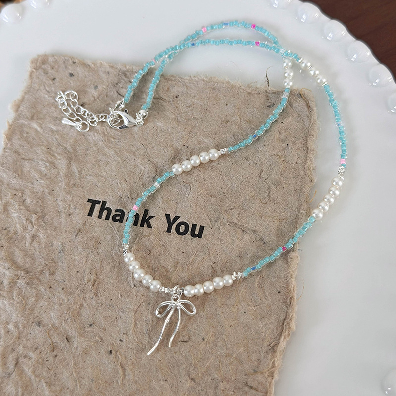 블루 비즈 보우 초커