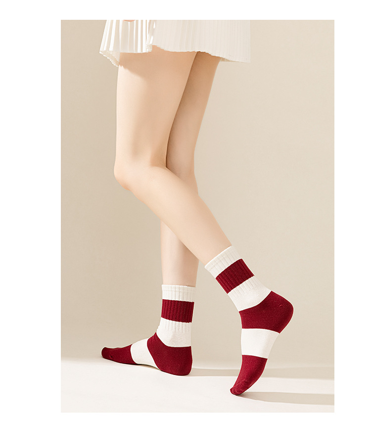 ถุงเท้าฝ้ายข้อเท้ายาวสไตล์ญี่ปุ่นลายโบว์และลายทาง