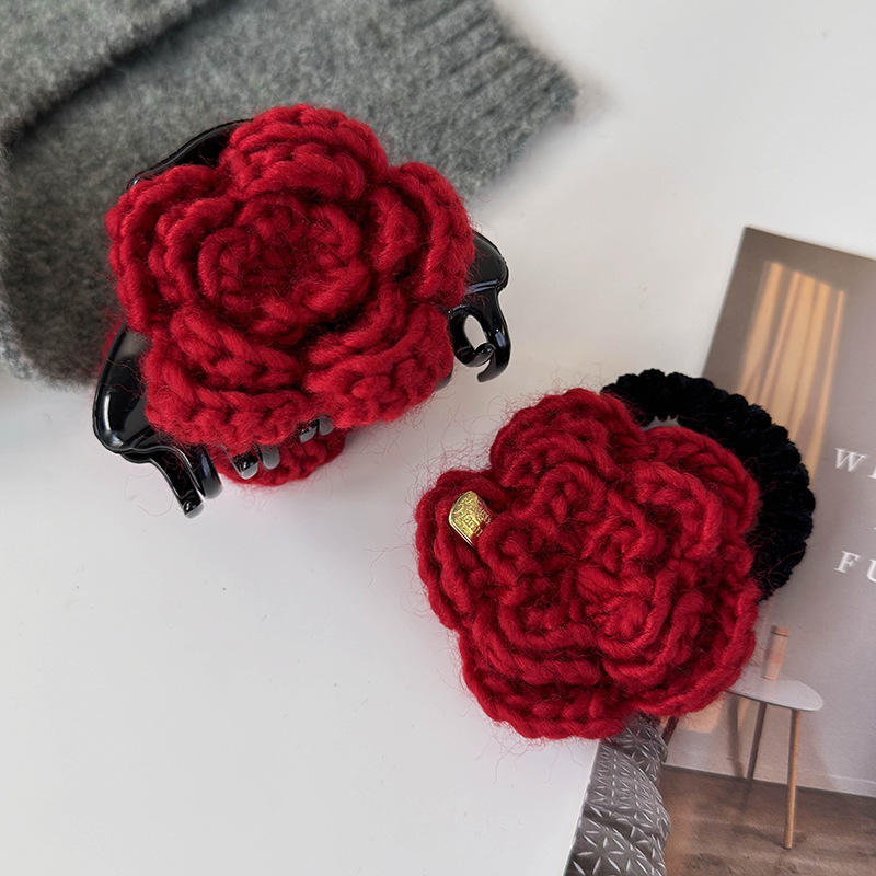 Set Ac de Păr și Bandă Elastică cu Trandafir Roșu Tricotat