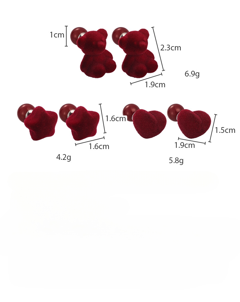 와인 레드 플록 하트 베어 양면 귀걸이