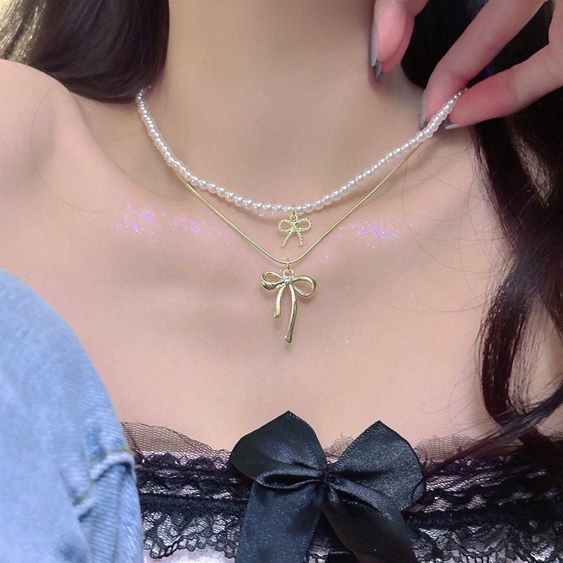 Imitation Pearl Bow Necklace Set