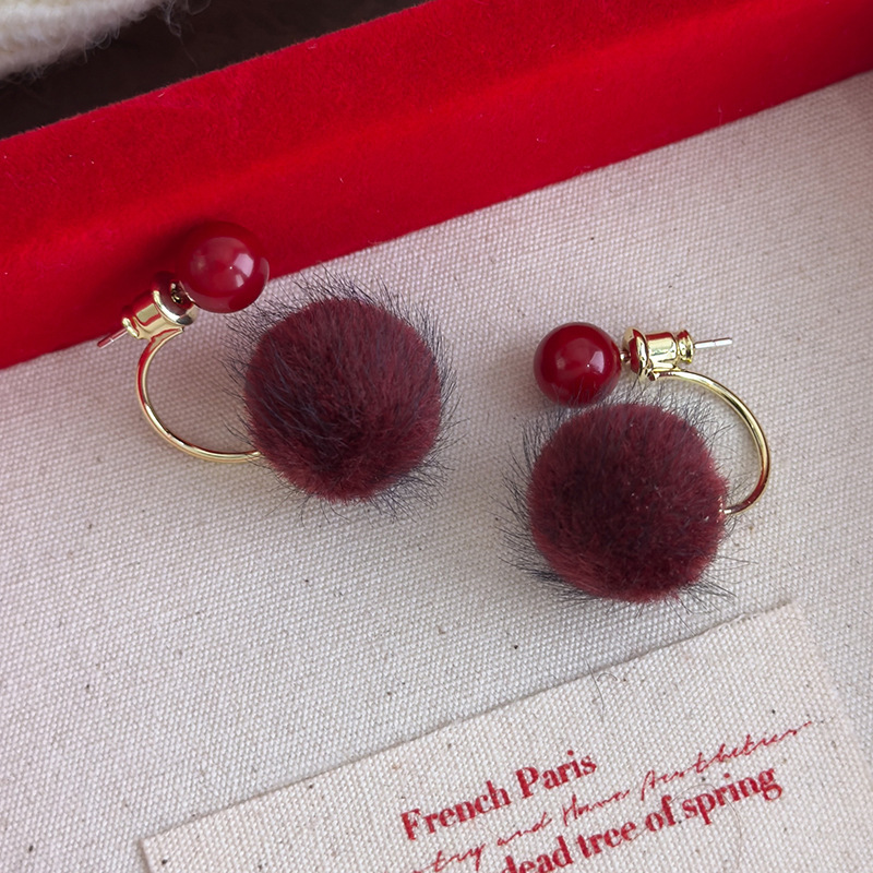 Βιντάζ Κόκκινα Χνουδωτά Στολίδια Αυτιών με Pom-Pom