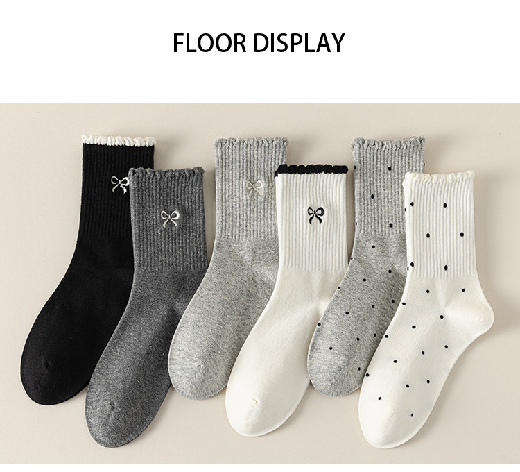 Meias Mid-Calf Femininas com Bordado de Laço e Bolinhas