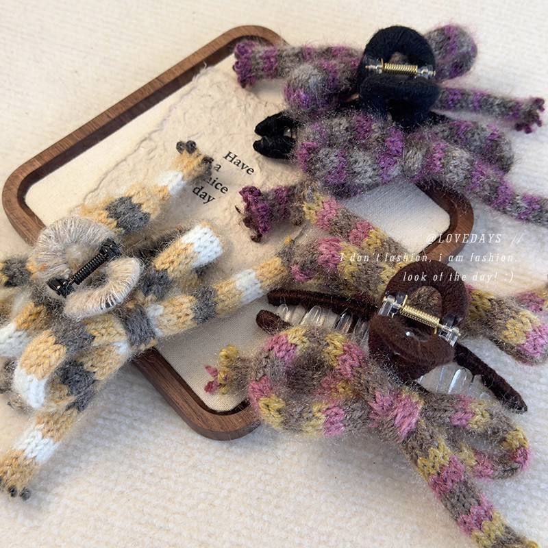 Fioletowy Spinacz do Włosów Pazur z Wstążką z Przędzy