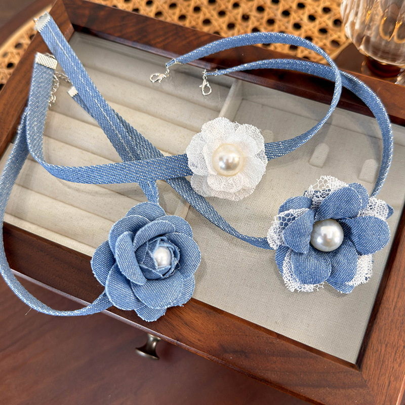 Denim Lace Flower Choker Necklace