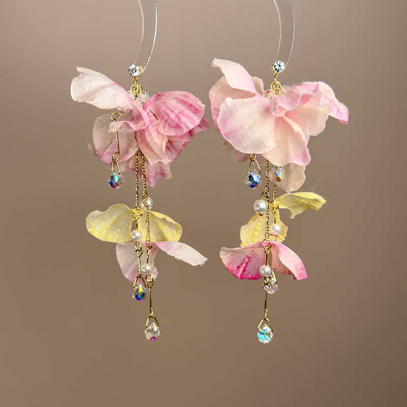 블루 플라워 크리스탈 태슬 귀걸이