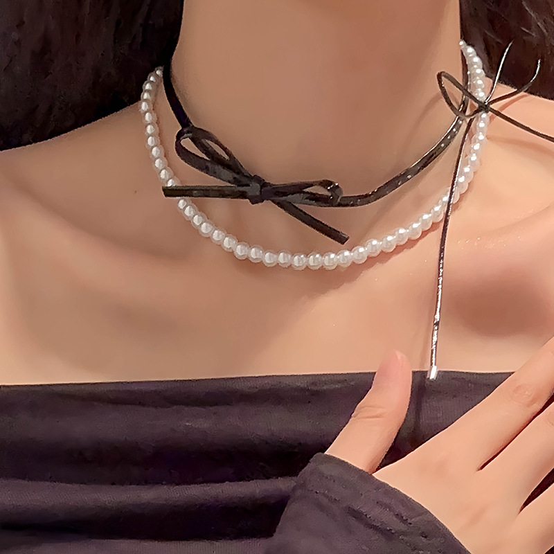 Двошаровий Шкіряний Чокер з Бантом та Перлами