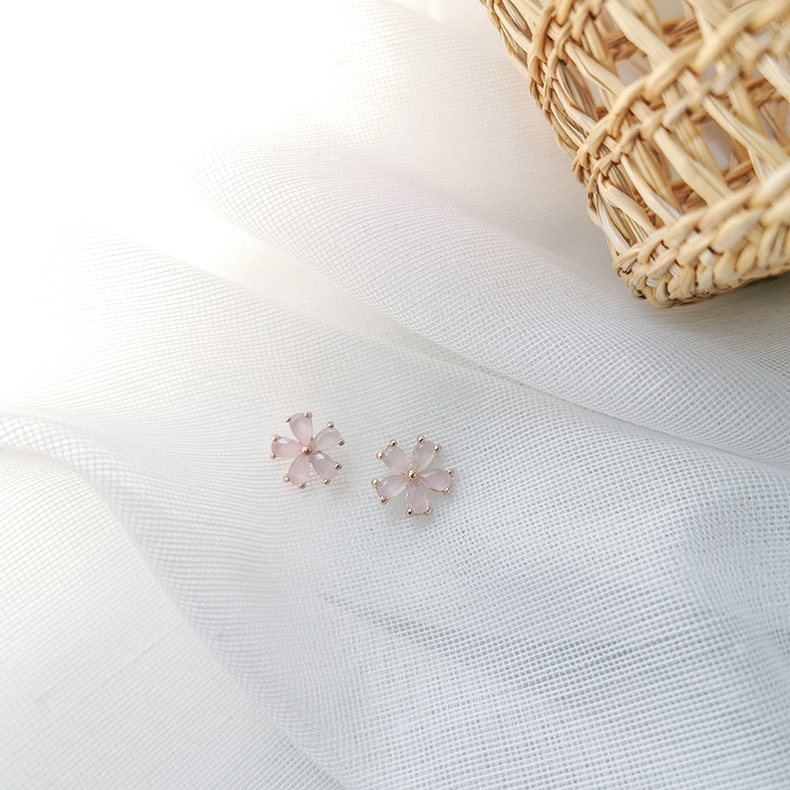핑크 지르코니아 플라워 이어 스터드