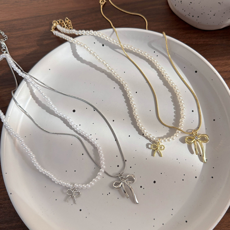 Imitation Pearl Bow Necklace Set