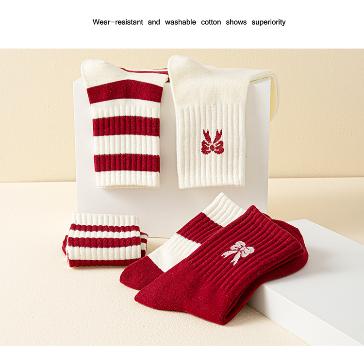 ถุงเท้าฝ้ายข้อเท้ายาวสไตล์ญี่ปุ่นลายโบว์และลายทาง