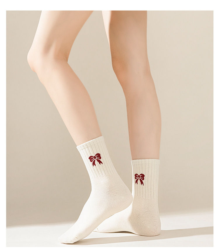 ถุงเท้าฝ้ายข้อเท้ายาวสไตล์ญี่ปุ่นลายโบว์และลายทาง