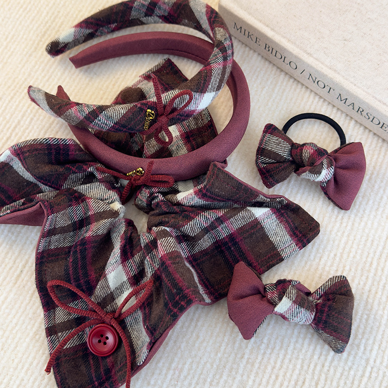 Set Bandă de Păr și Scrunchy Retro cu Model Caro și Fundă