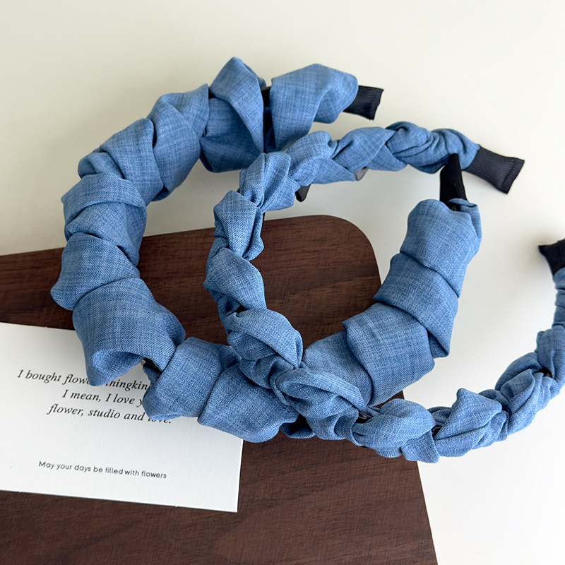 Banda de Păr Denim Albastră cu Model Undă și Dinți, Coroană Înaltă