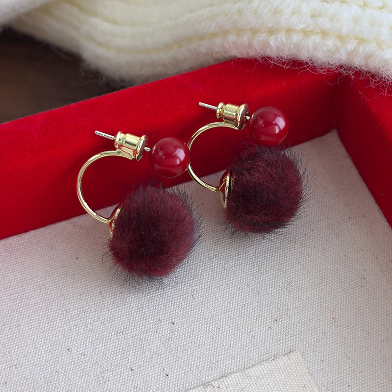 Βιντάζ Κόκκινα Χνουδωτά Στολίδια Αυτιών με Pom-Pom