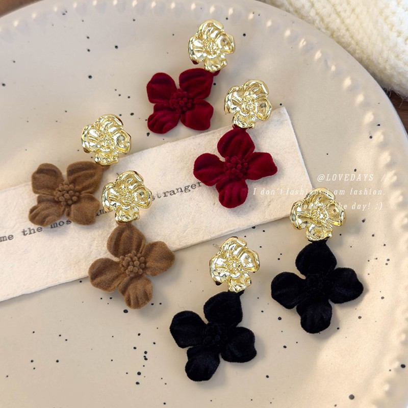 Francouzské Vintage Sametové Květinové Náušnice