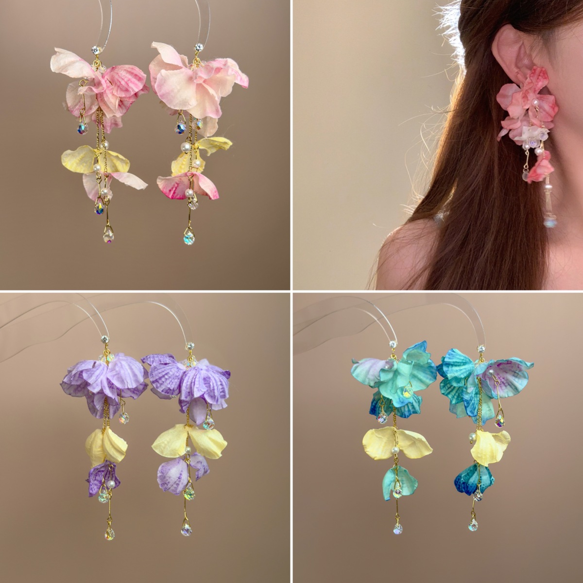 블루 플라워 크리스탈 태슬 귀걸이