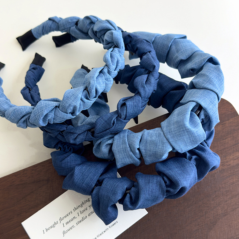 Banda de Păr Denim Albastră cu Model Undă și Dinți, Coroană Înaltă