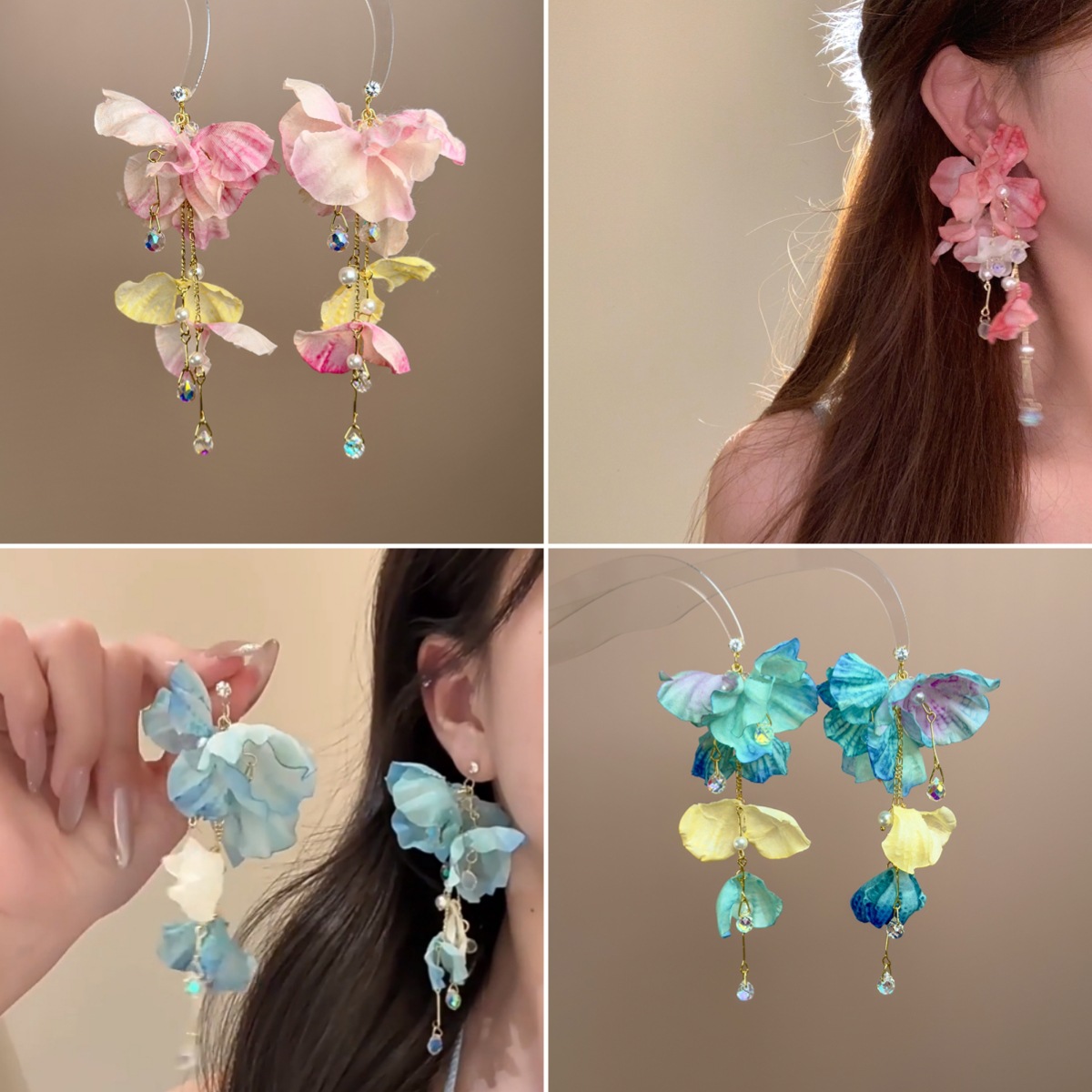 블루 플라워 크리스탈 태슬 귀걸이