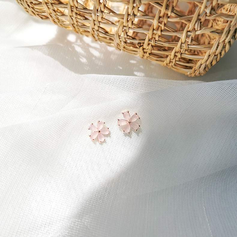 핑크 지르코니아 플라워 이어 스터드