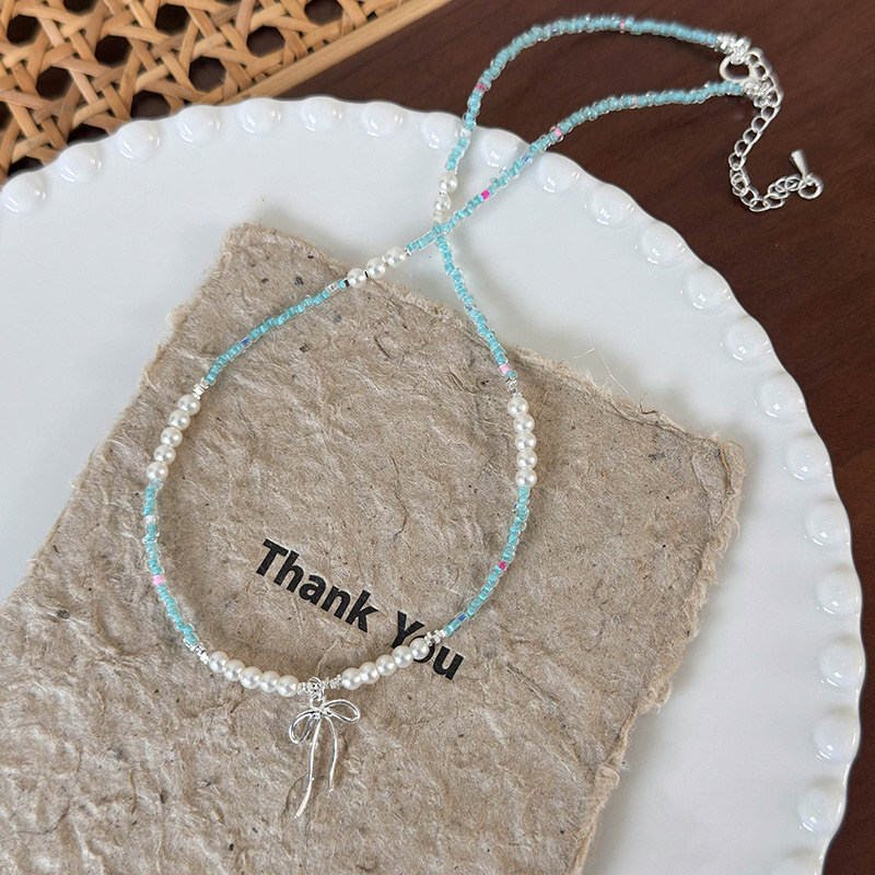 블루 비즈 보우 초커